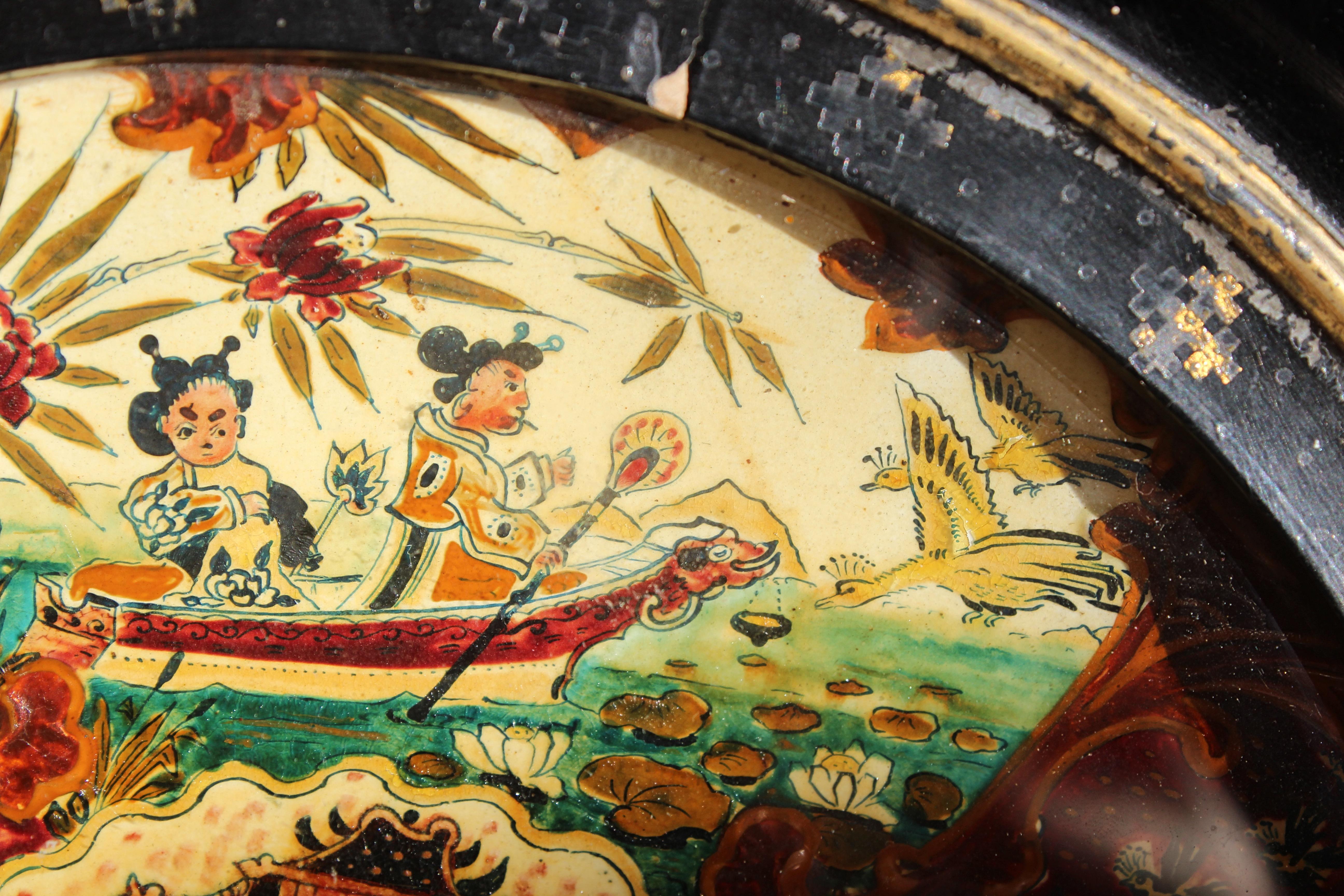 1900 Cloisonné Enamel Chinoiserie Plate Ebonised & Gilt Frame Country House  In Good Condition In Lowestoft, GB