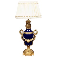 Antique 1900 Cobalt Porcelain and Gilded Bronze Table Lamp