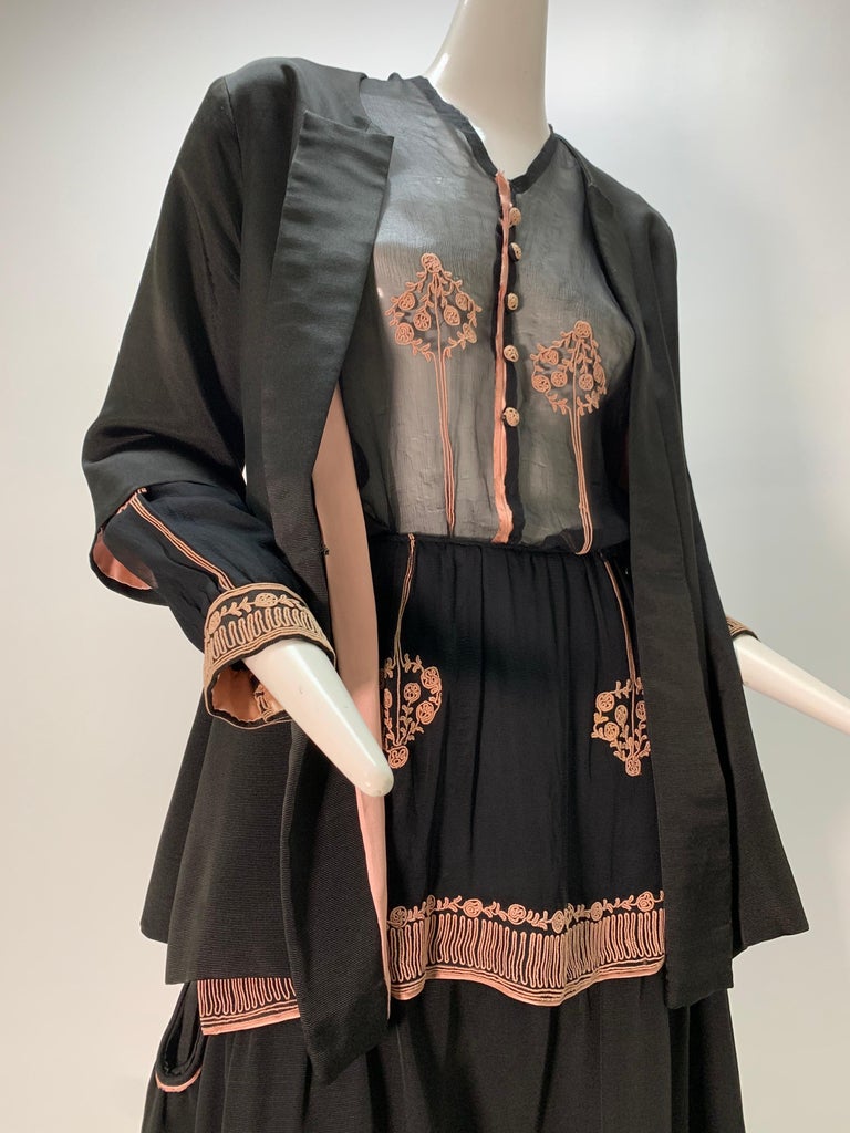 1900 Couture Lucile Ltd 3-Piece Embroidered Black Silk Walking Suit  For Sale 10