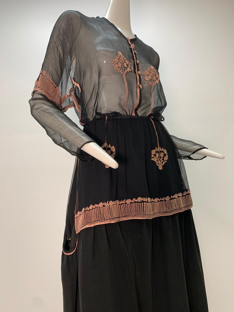 Very Early 20th Century Couture, Lucile Ltd. 3-piece (skirt, blouse and jacket) embroidered black silk walking suit. This unusual ensemble from a very interesting and historically important British fashion house founded by Lady Lucy Duff-Gordon is