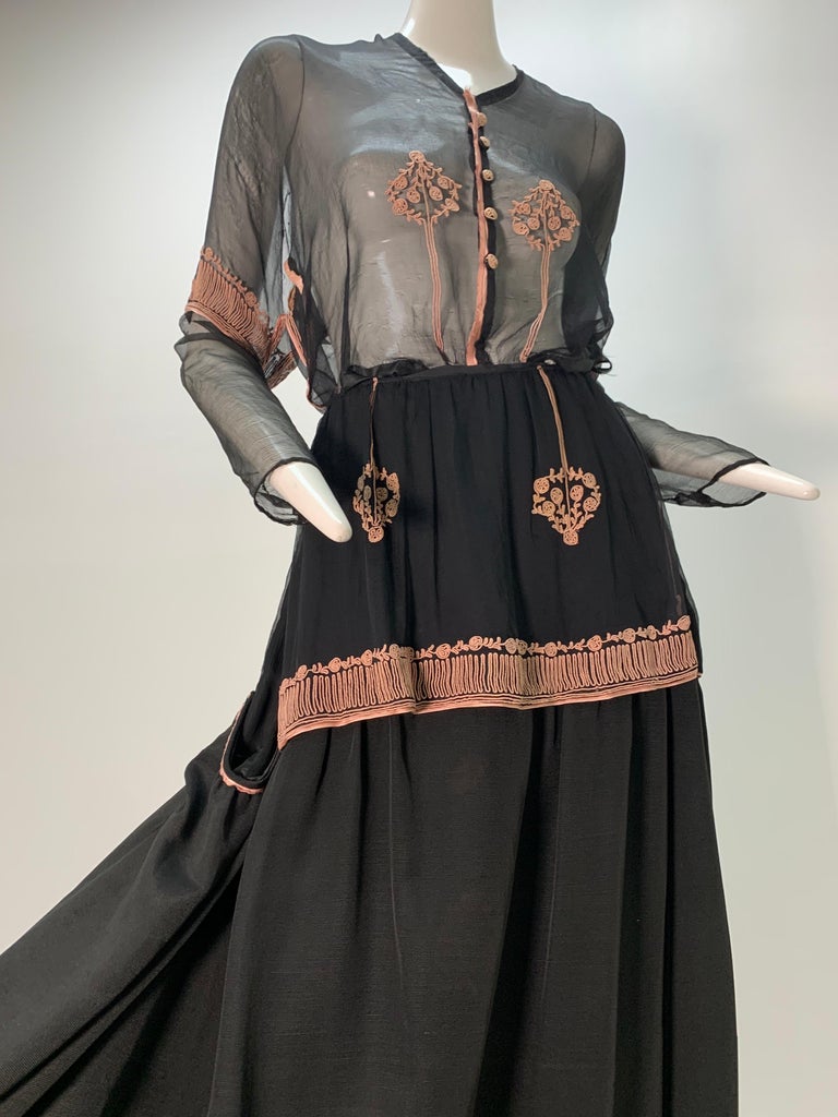 1900 Couture Lucile Ltd 3-Piece Embroidered Black Silk Walking Suit  In Good Condition For Sale In San Francisco, CA