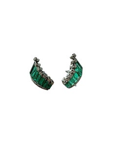19.00 Ctw Art Deco Style Diamond & Colombian Emerald Palladium Ear Clips