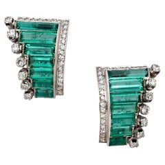 19.00 Ctw Art Deco Style Diamond & Colombian Emerald Palladium Ear Clips