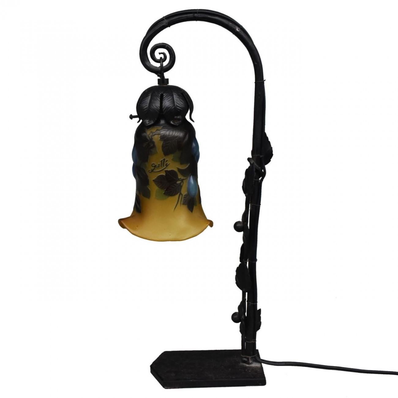 1900 Desk Lamp Iron Forged and Molten Glass Tulip by Emile Gallé