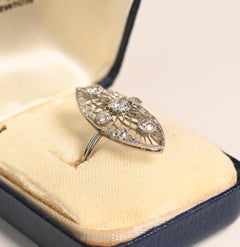 Edwardian Navette Ring. Old Euro Cut Diamond Ring Filigree Platinum IVS2 1900
