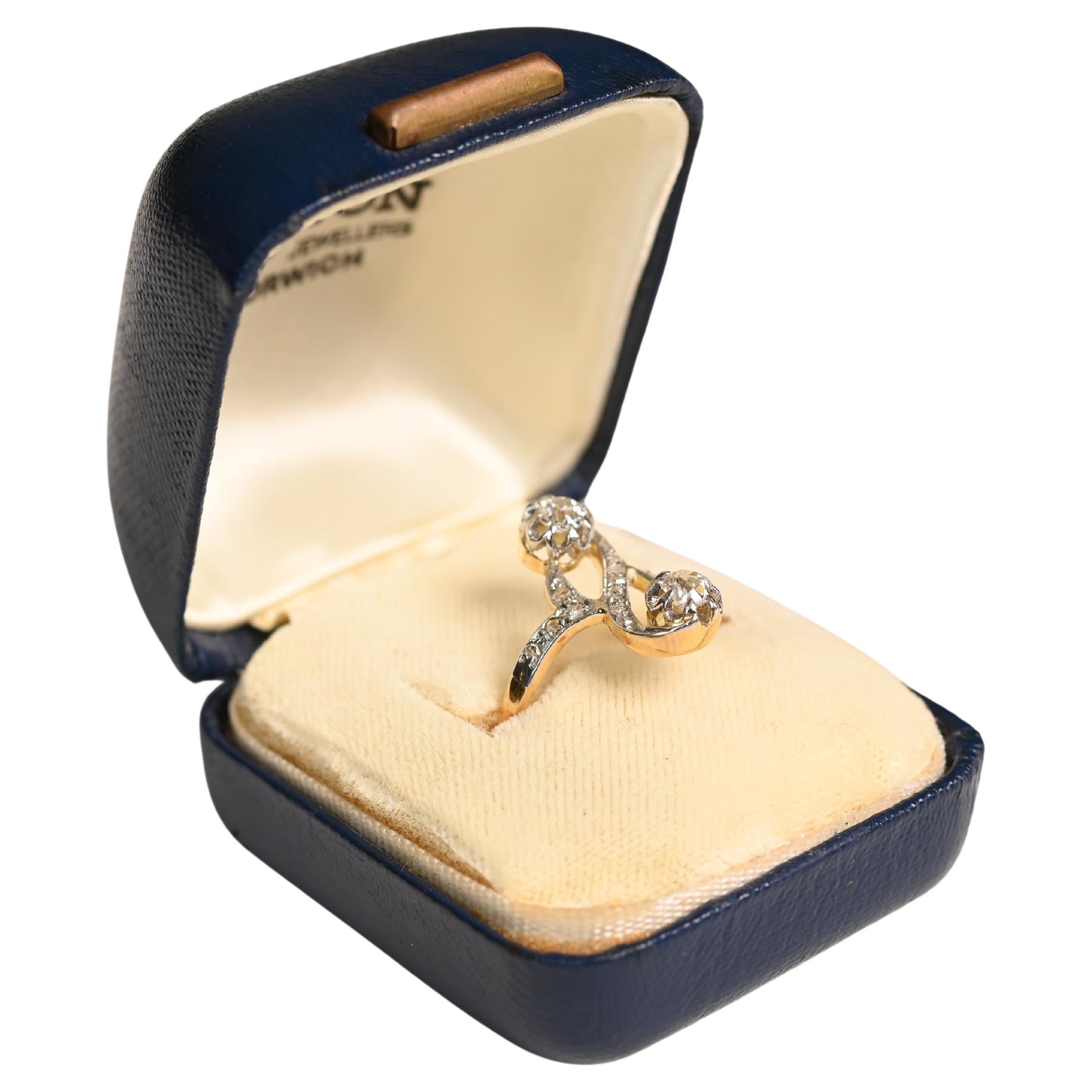 Art Nouveau Two Stone Ring. 0.30TCW Old Euro Cushion Cut Diamond Ring Platinum For Sale