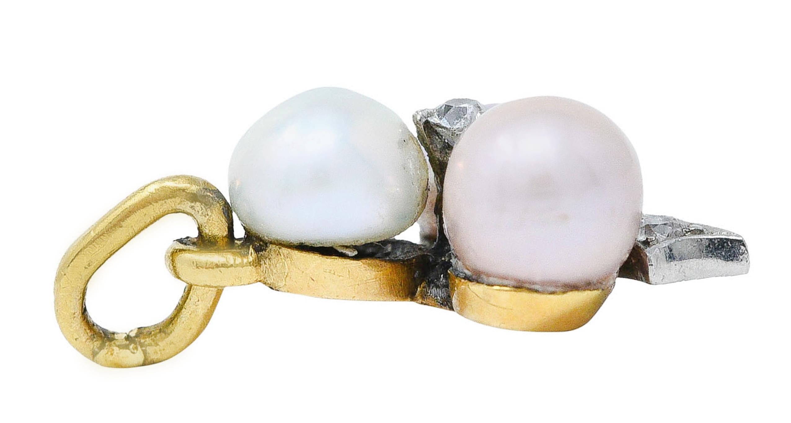Women's or Men's 1900 Edwardian Diamond Pearl Platinum-Topped 18 Karat Gold Clover Charm
