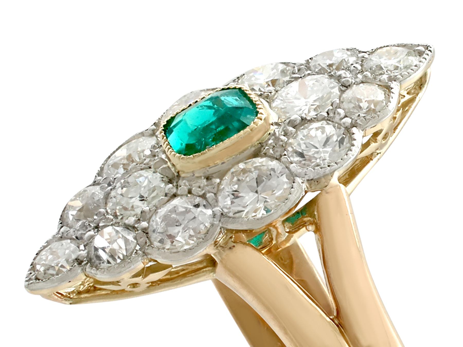 Old European Cut 1900 Emerald and 2.66 Carat Diamond Yellow Gold Cocktail Ring