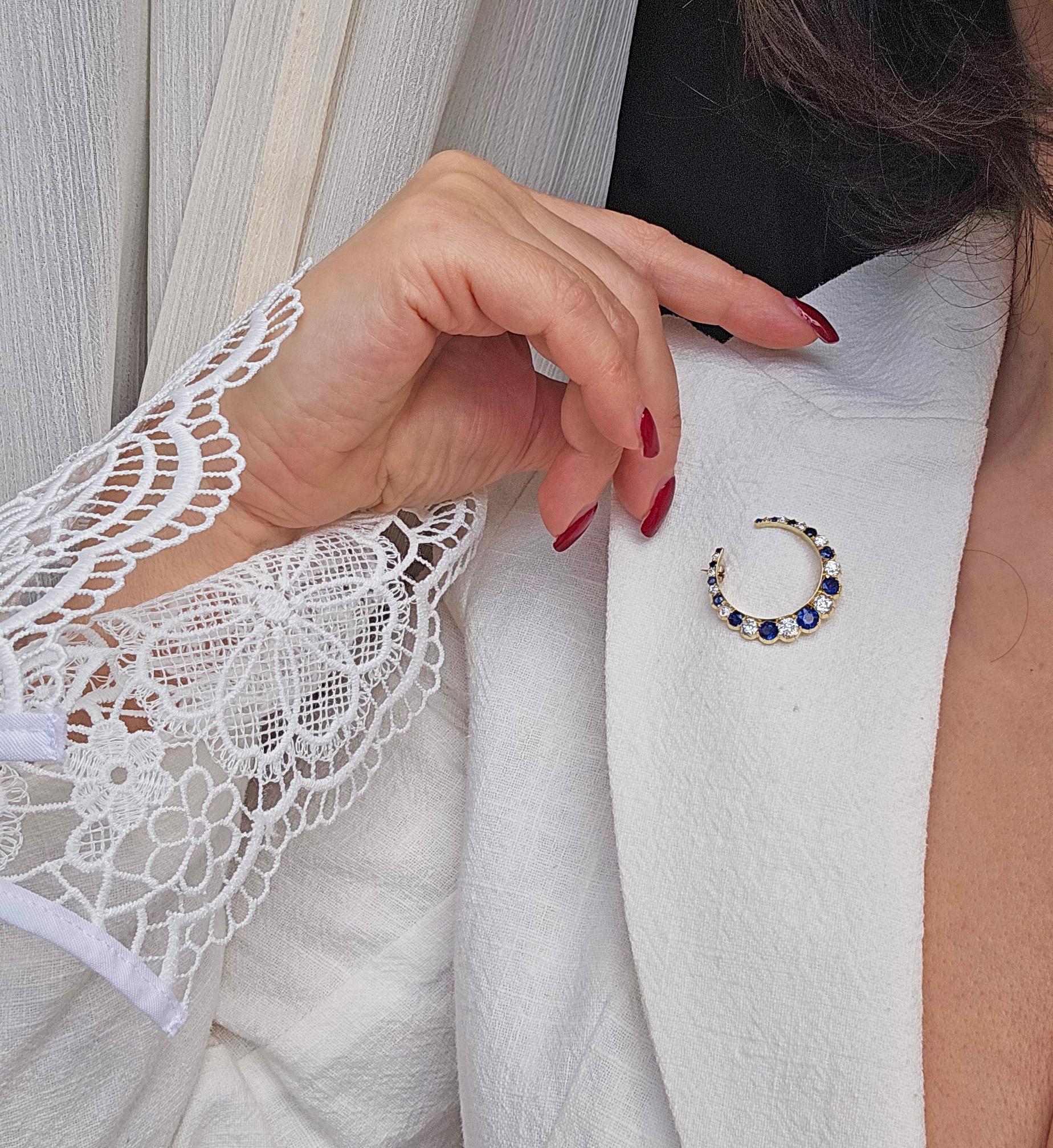 1900 English GIA 3.0ct Royal Blue No-Heat Sapphires Diamonds Crescent 14K Brooch For Sale 9