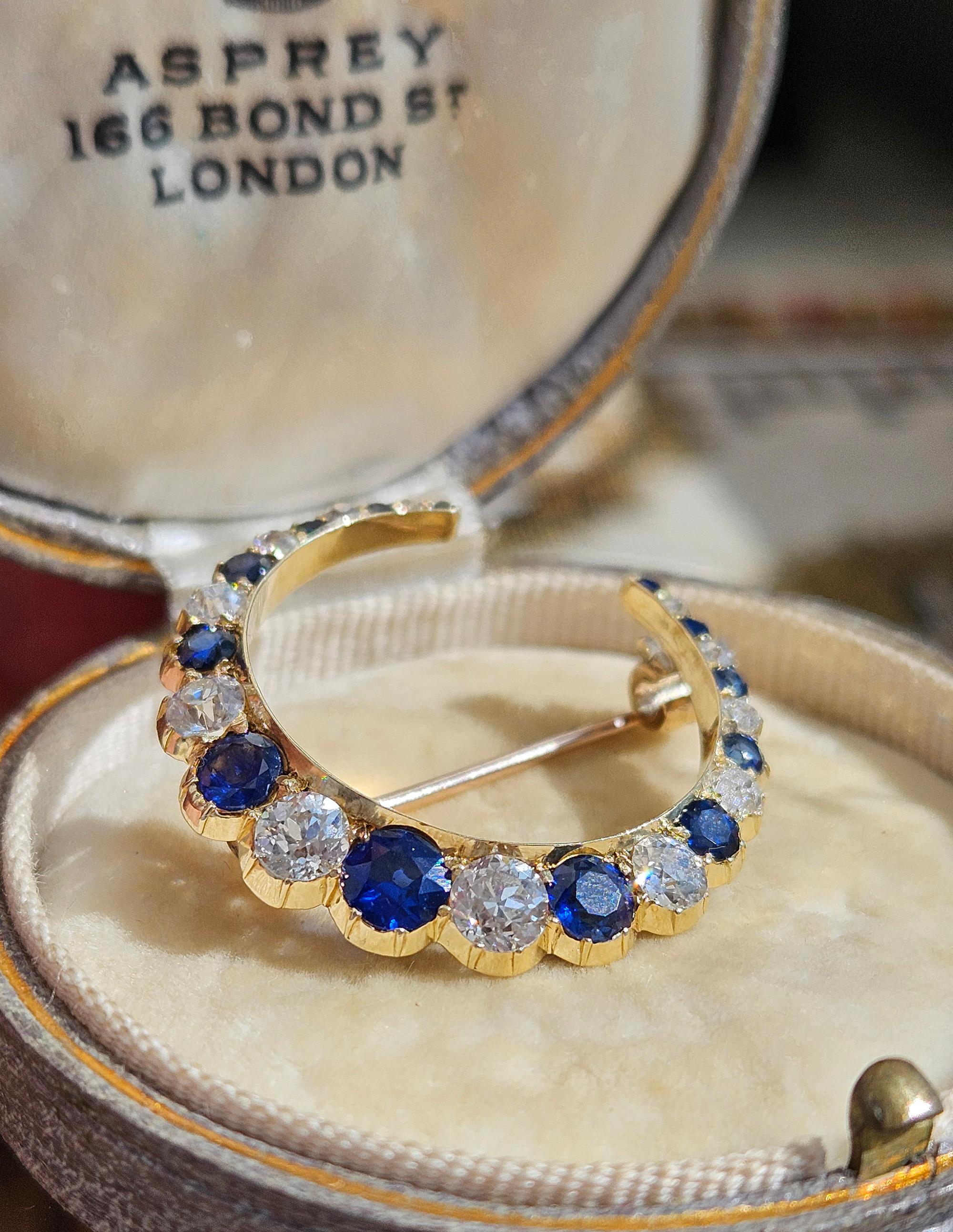 1900 English GIA 3.0ct Royal Blue No-Heat Sapphires Diamonds Crescent 14K Brooch For Sale 13