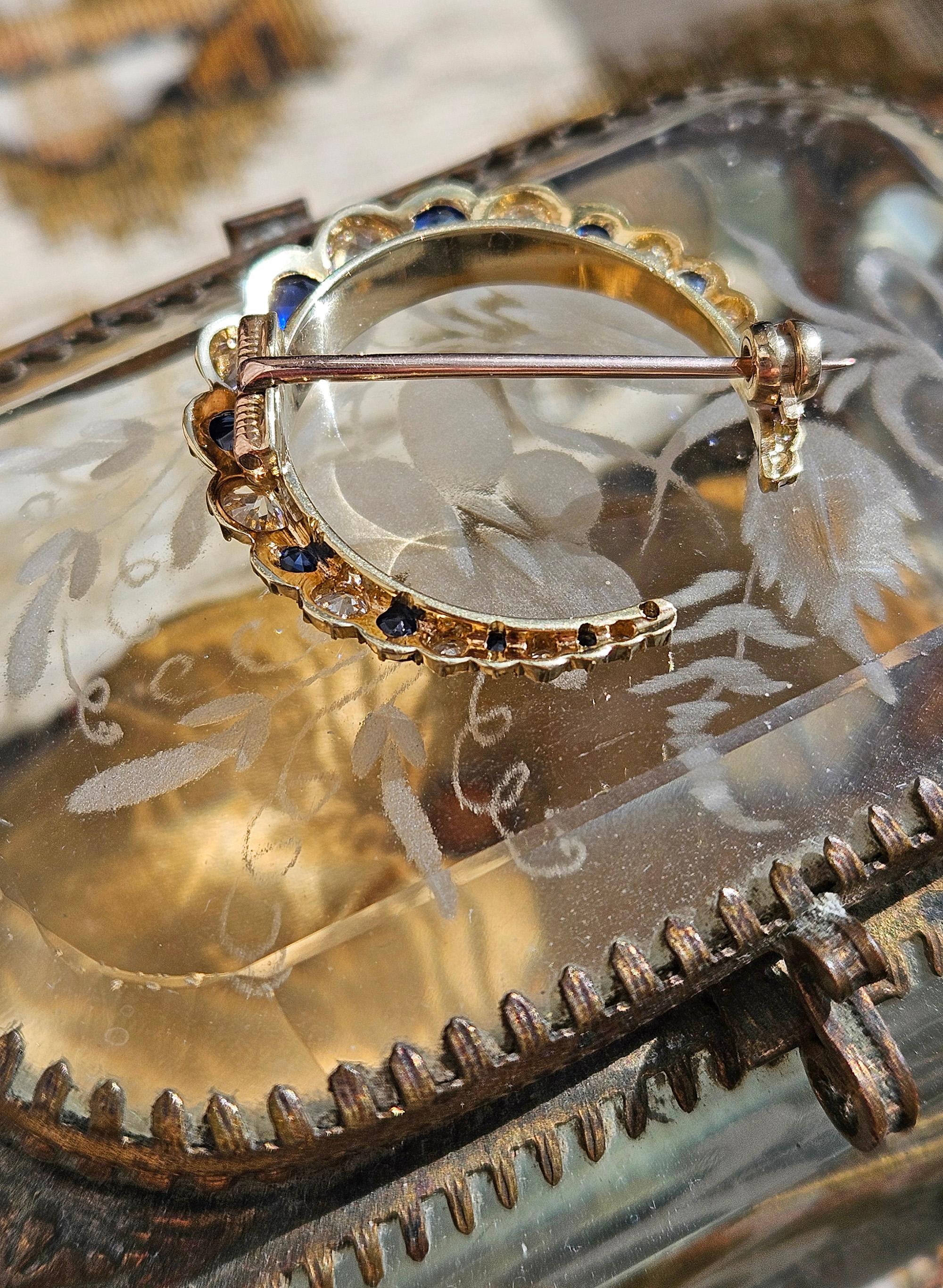 Old European Cut 1900 English GIA 3.0ct Royal Blue No-Heat Sapphires Diamonds Crescent 14K Brooch For Sale