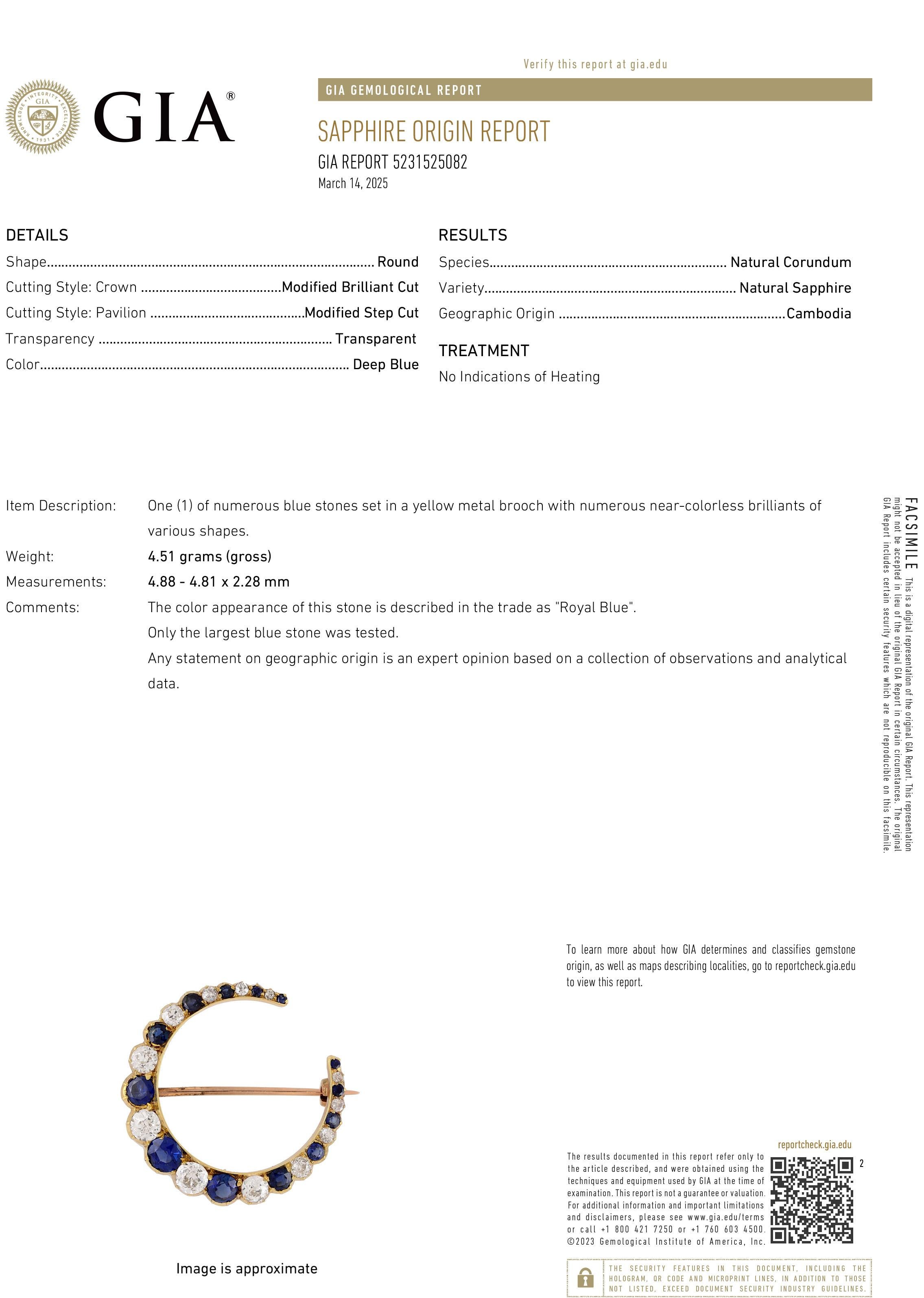 1900 English GIA 3.0ct Royal Blue No-Heat Sapphires Diamonds Crescent 14K Brooch For Sale 2