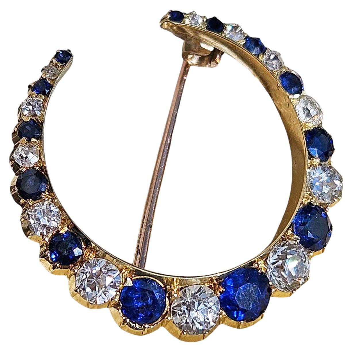 1900 English GIA 3.0ct Royal Blue No-Heat Sapphires Diamonds Crescent 14K Brooch