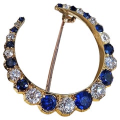 1900 English GIA 3.0ct Royal Blue No-Heat Sapphires Diamonds Crescent 14K Brooch