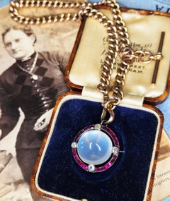 1900 English Moonstone Old Euro Diamond Rubies Pendant Brooch Rose Gold Silver
