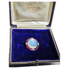Antique 1900 English Moonstone Old Euro Diamond Rubies Pendant Brooch Rose Gold Silver