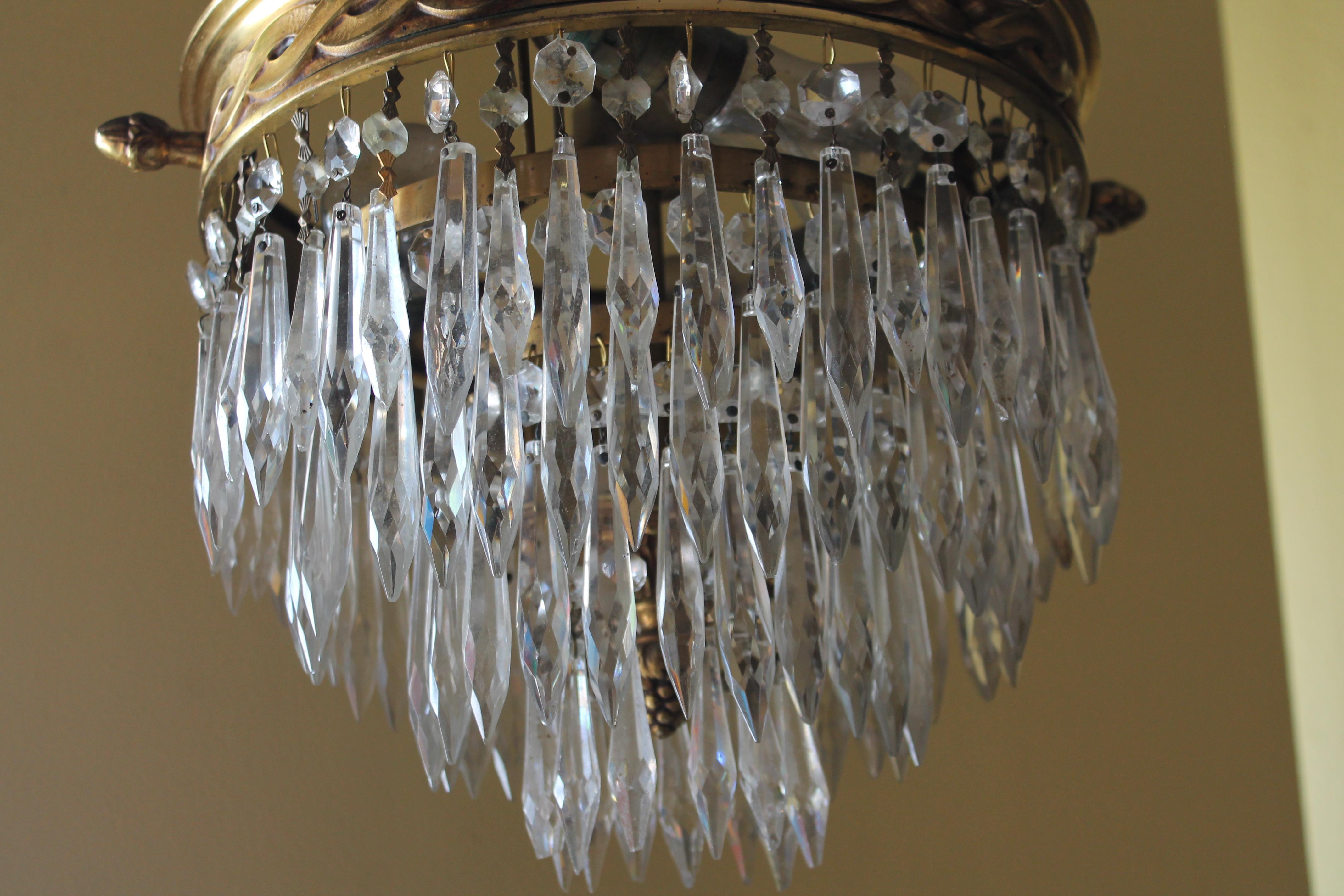 Early 20th Century 1900 French Antique Neoclassic Gilt Bronze Cascading Crystal Chandelier/ Pendant