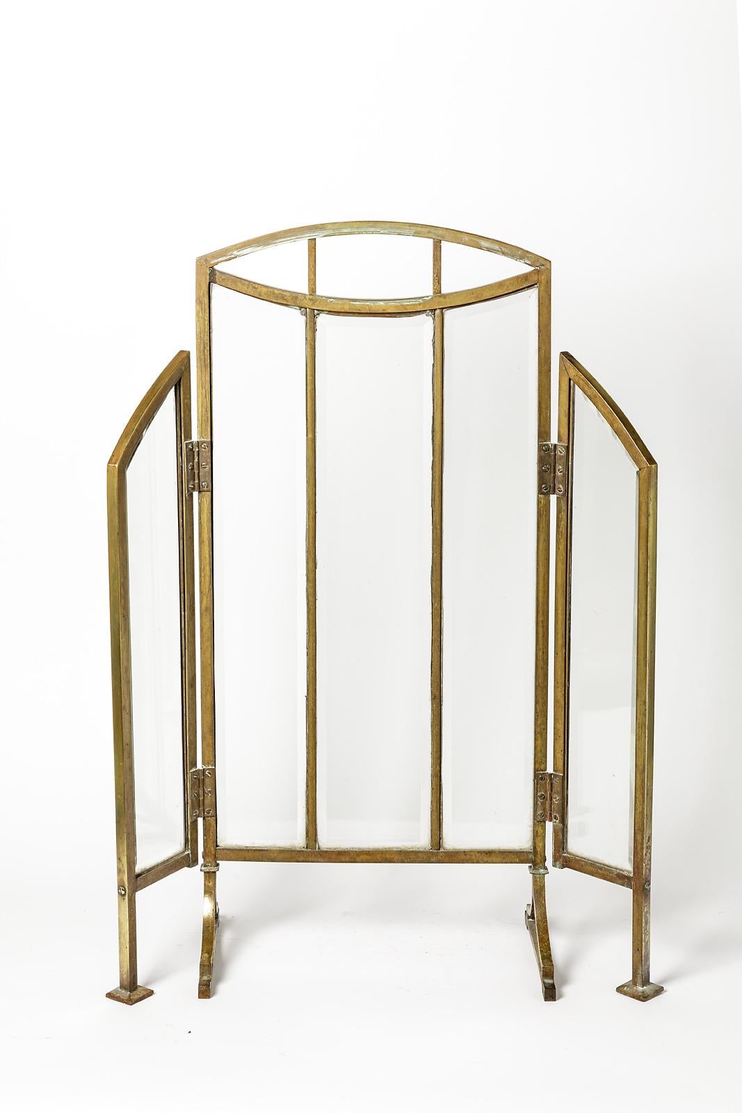 1900 French Art Deco Golden Brass and Glass Fire Screen for Fireplace 3