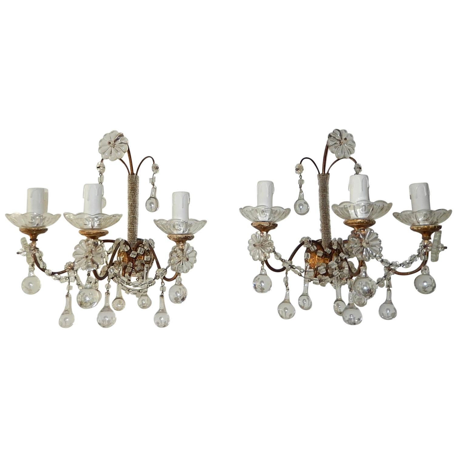 1900 French Baroque Clear Murano Drops Micro Beaded Crystal Sconces 3 Lights