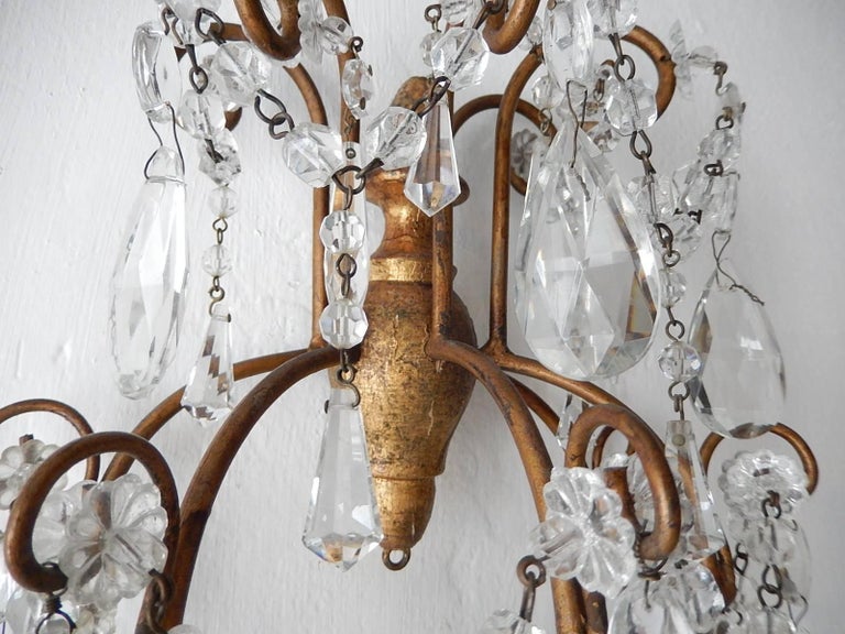 1900 French Baroque Gold Gilt Three-Light Crystal Sconces For Sale 6