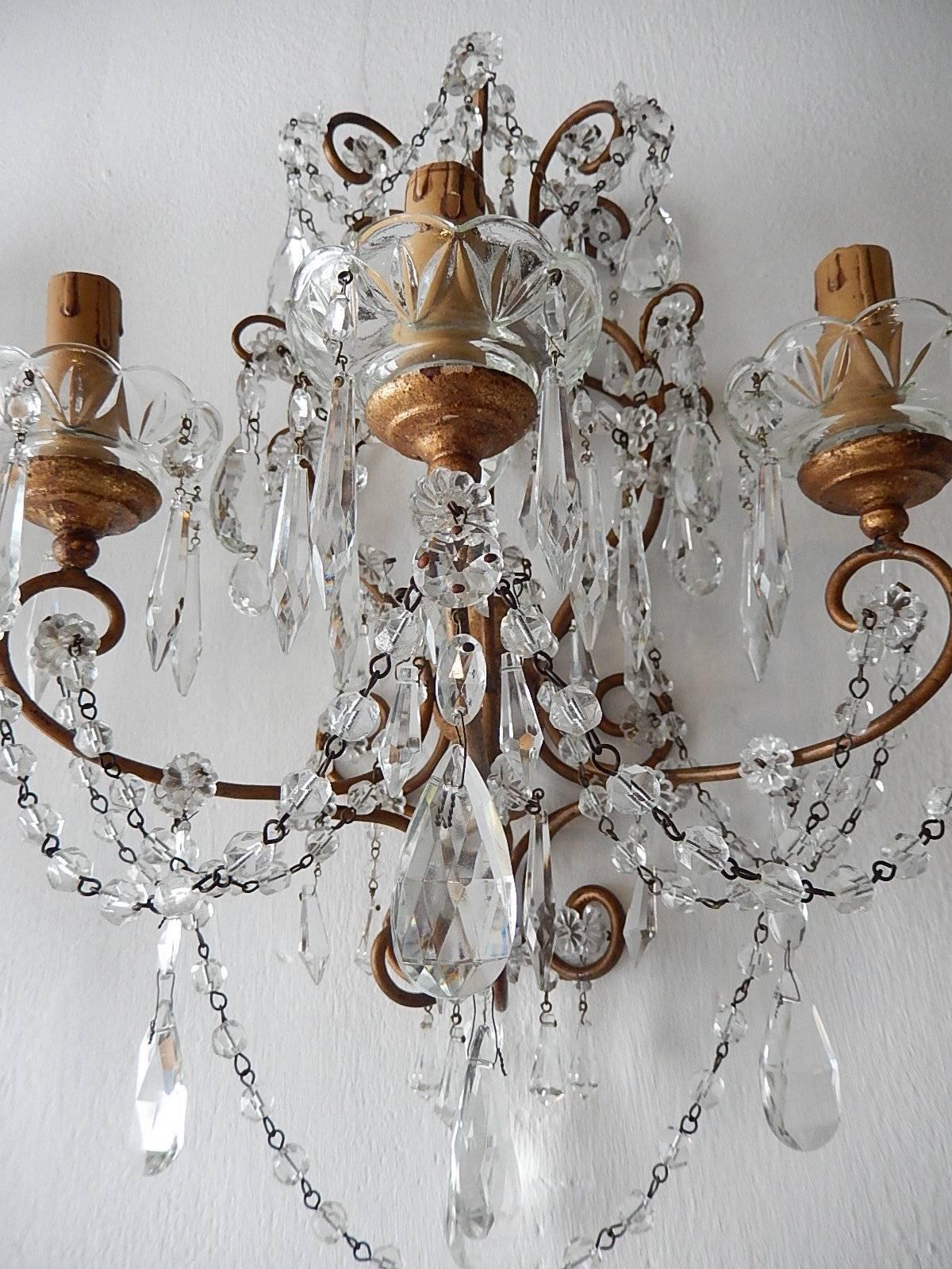 1900 French Baroque Gold Gilt Three-Light Crystal Sconces For Sale 8
