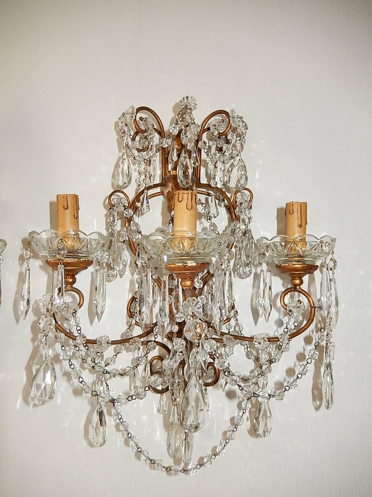 Early 20th Century 1900 French Baroque Gold Gilt Three-Light Crystal Sconces For Sale