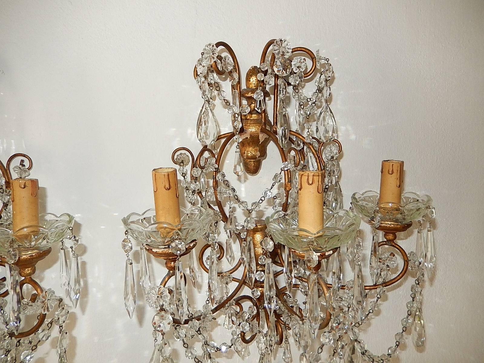 Early 20th Century 1900 French Baroque Gold Gilt Three-Light Crystal Sconces For Sale