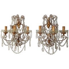 1900 French Baroque Gold Gilt Three-Light Crystal Sconces