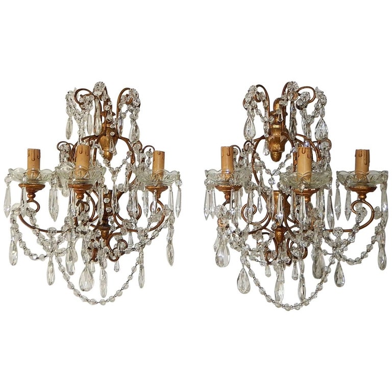 1900 French Baroque Gold Gilt Three-Light Crystal Sconces For Sale
