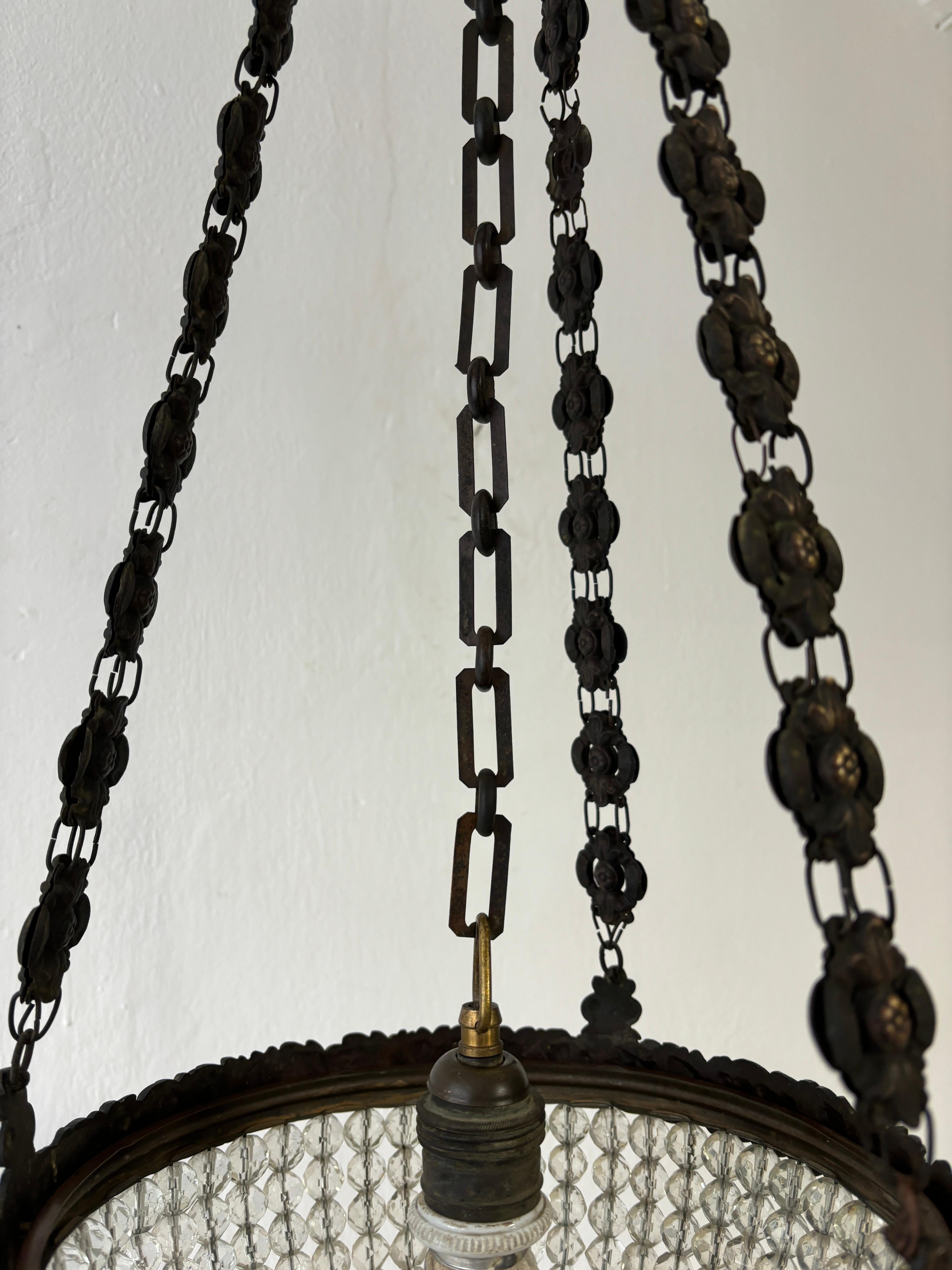 1900, French Bronze Crystal Beaded Empire Dome Chandelier Long Detailed Chain For Sale 2