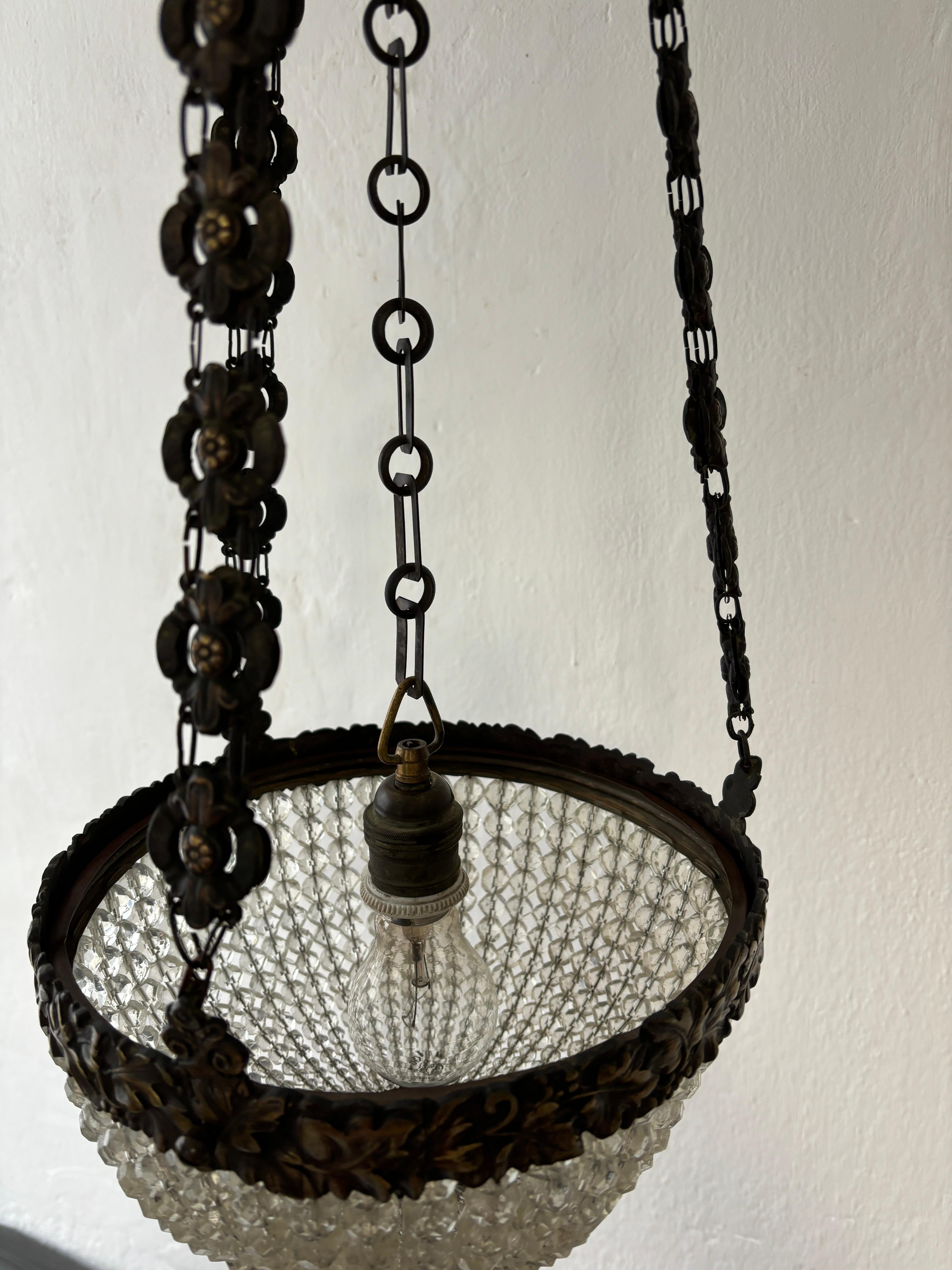 1900, French Bronze Crystal Beaded Empire Dome Chandelier Long Detailed Chain For Sale 4