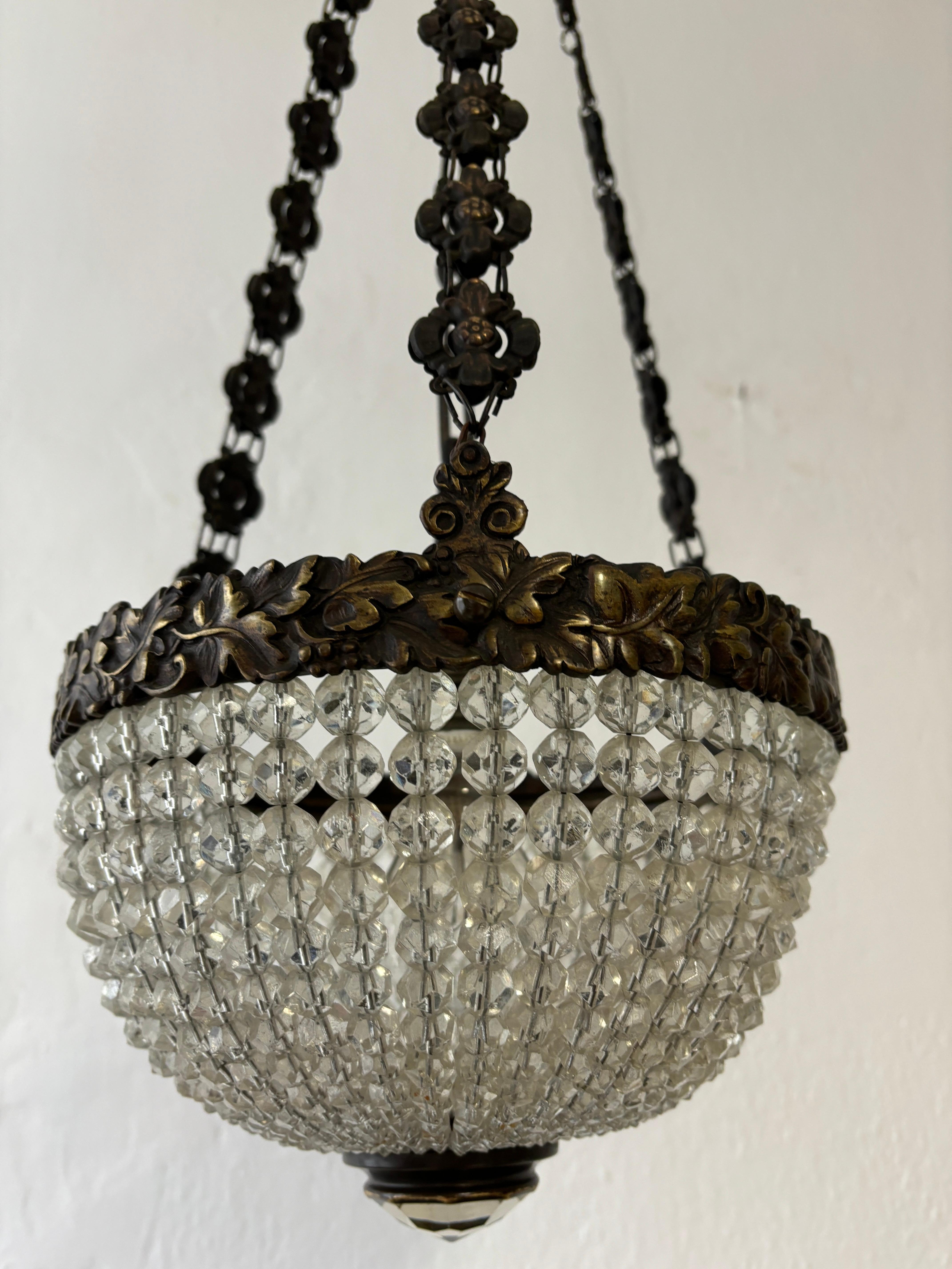 1900, French Bronze Crystal Beaded Empire Dome Chandelier Long Detailed Chain For Sale 5