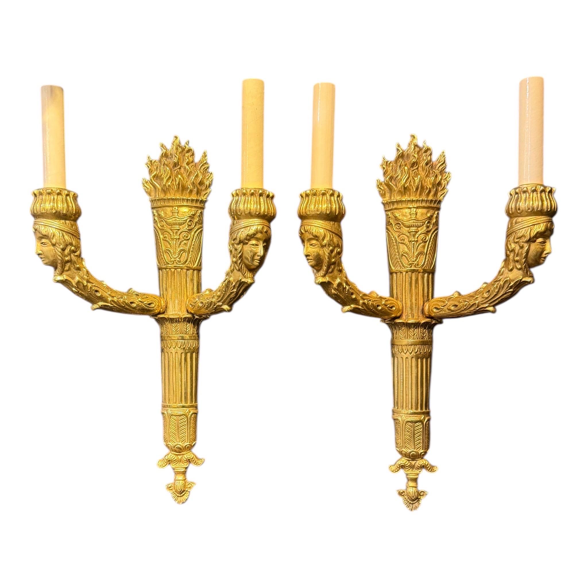 1900 French Empire Gilt Bronze Two Lights Sconces For Sale