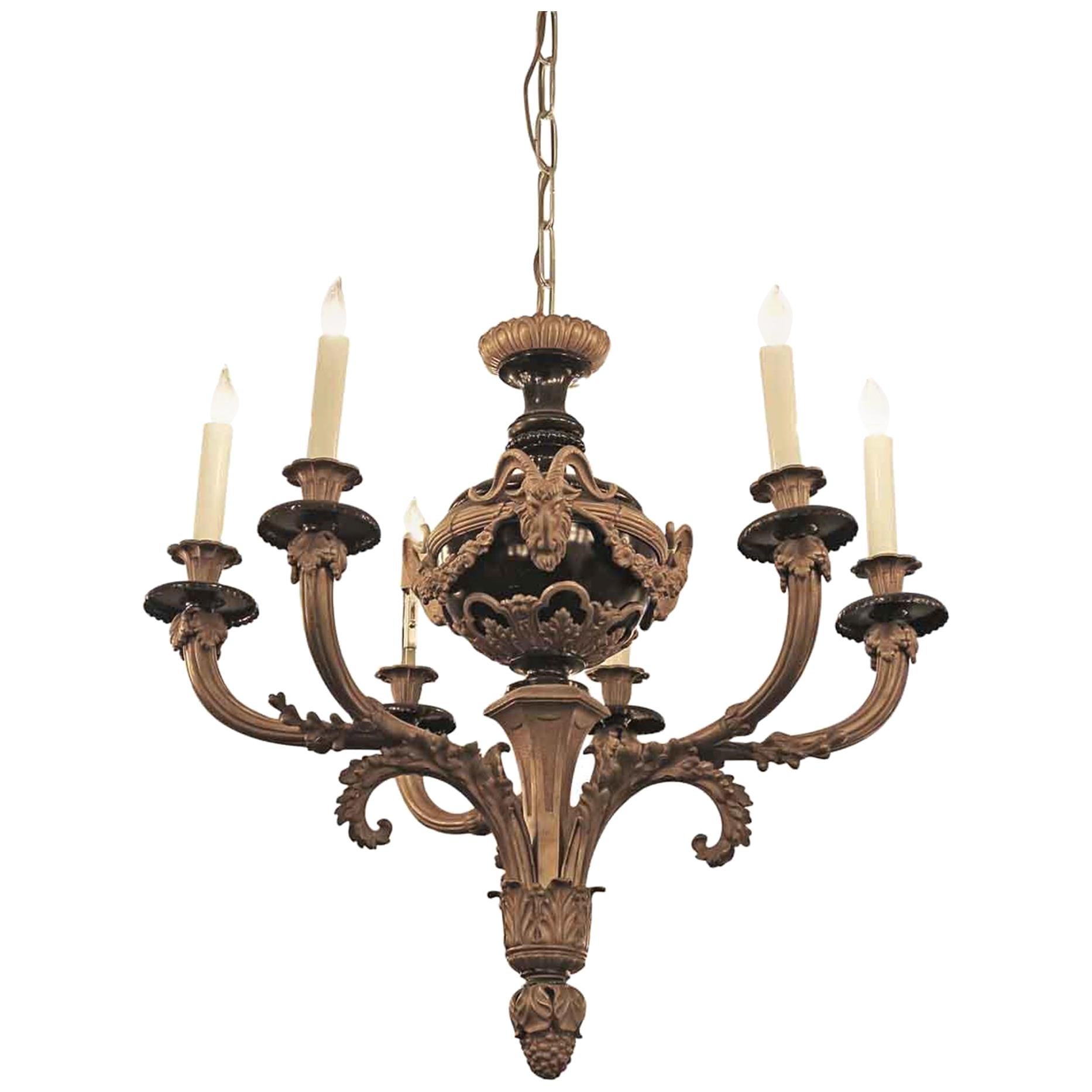 1900 French Empire Style Bronze Ormolu Six-Arm Bronze Chandelier