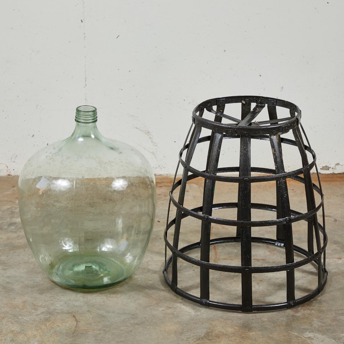 Early 20th Century French Metal Baskets with Bottles in Clear and Green Glass For Sale 4