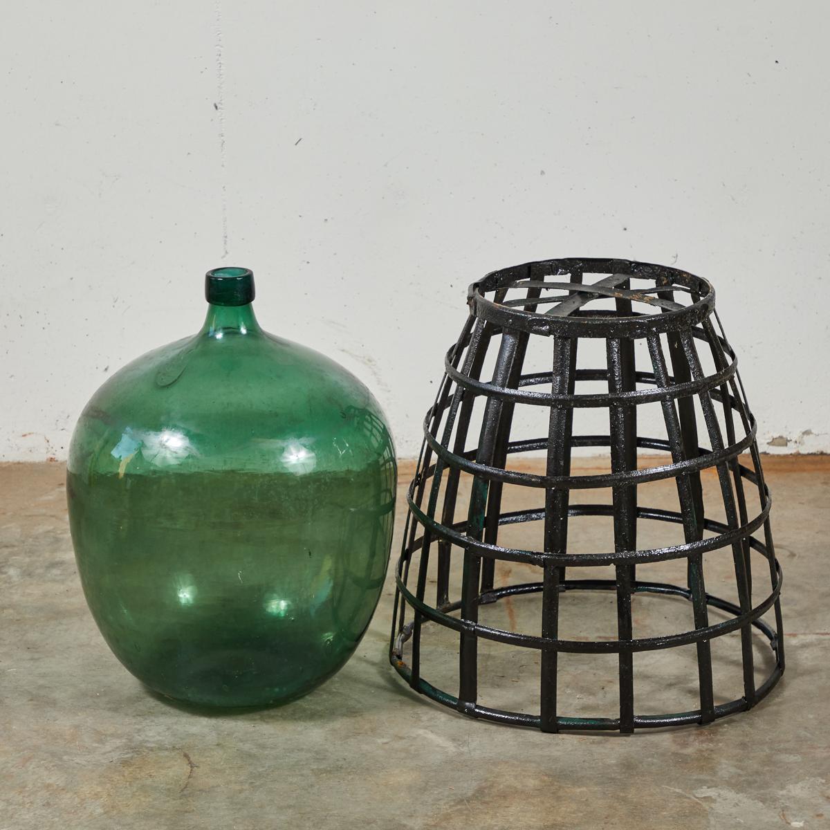 Early 20th Century French Metal Baskets with Bottles in Clear and Green Glass For Sale 5