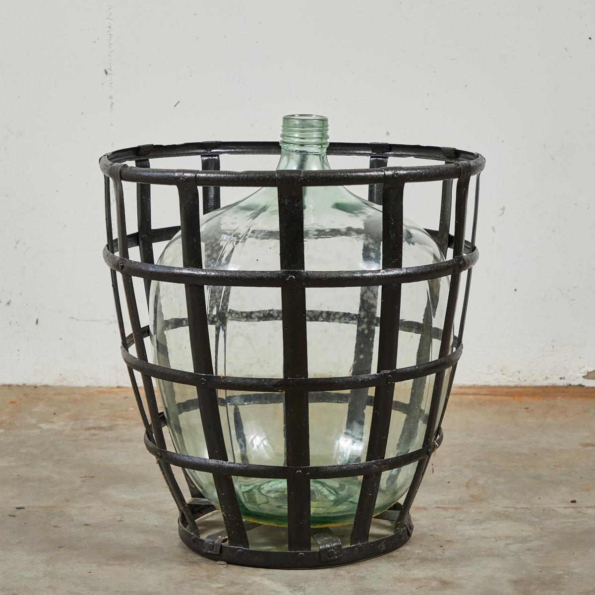 Early 20th Century French Metal Baskets with Bottles in Clear and Green Glass For Sale 6