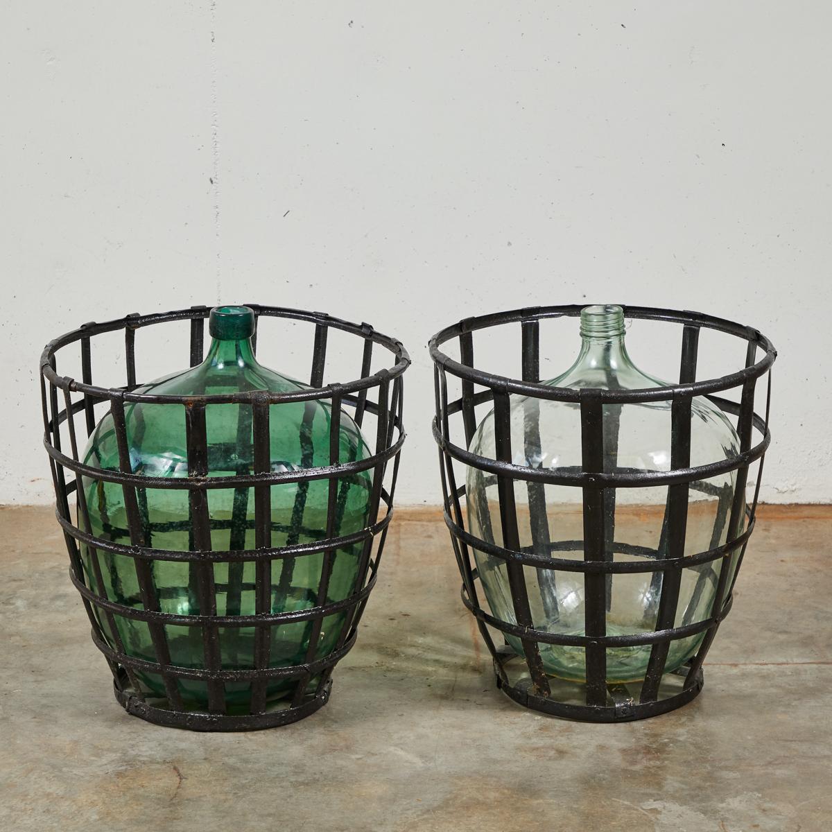 Early 20th Century French Metal Baskets with Bottles in Clear and Green Glass For Sale 7