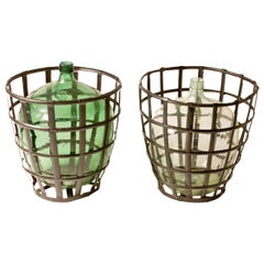 Used Early 20th Century French Metal Baskets with Bottles in Clear and Green Glass