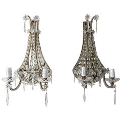 Antique 1900 French Mirror Crystal Beaded and Stars Sconces