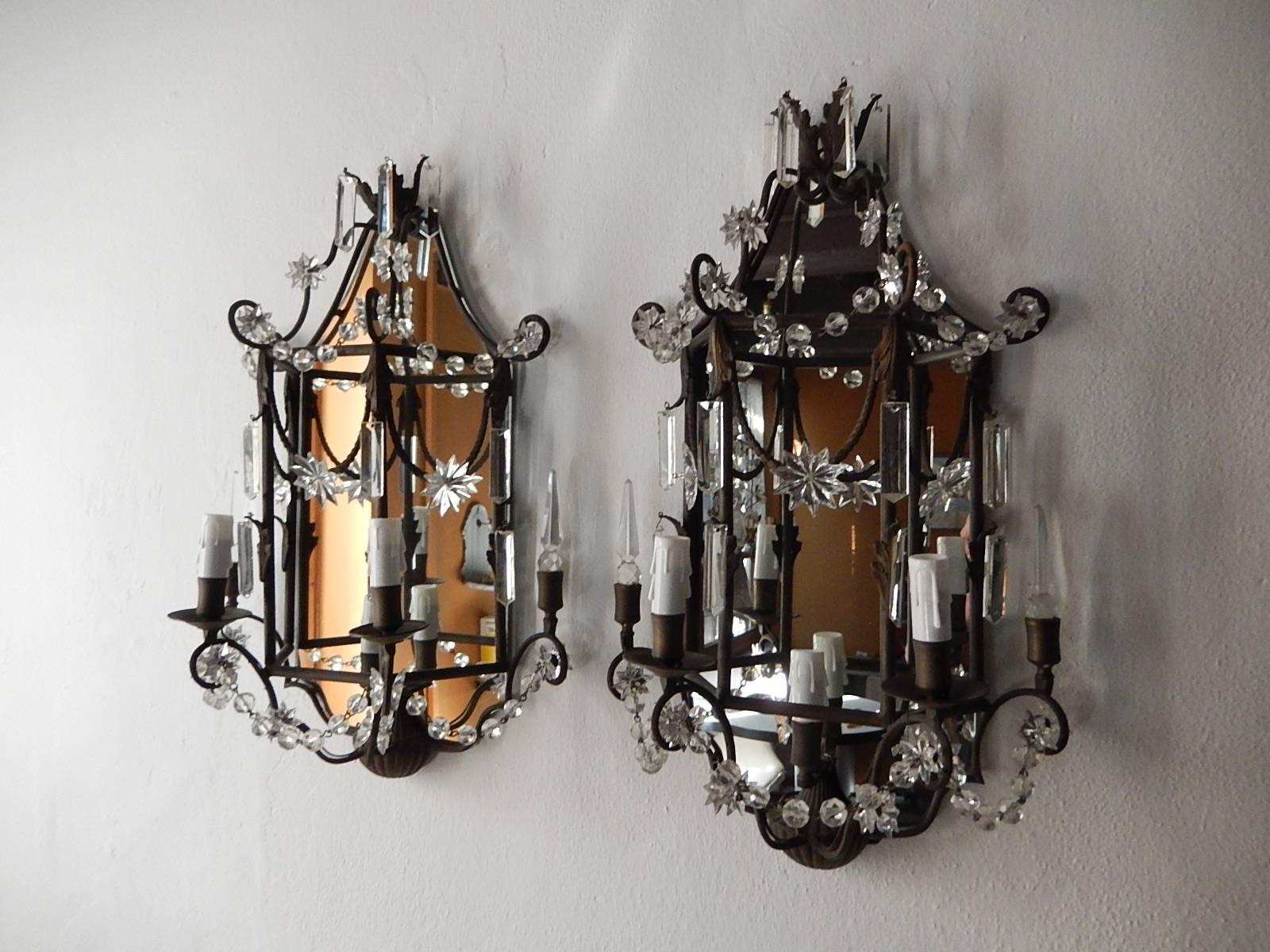 1900 French Mirror Sconces Crystal Spear and Stars 5
