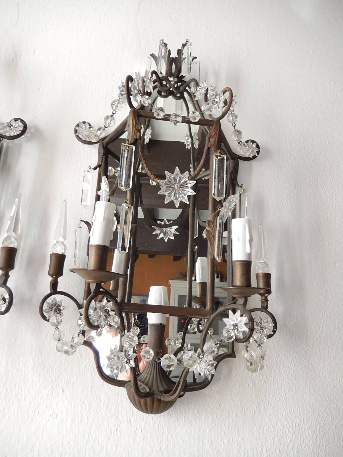 Brass 1900 French Mirror Sconces Crystal Spear and Stars