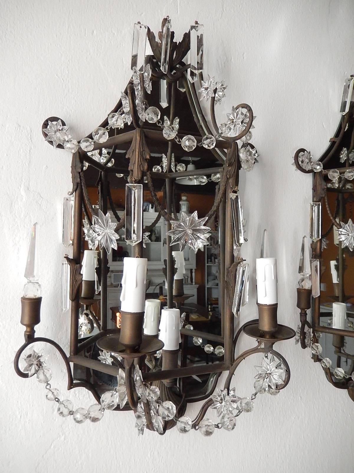 1900 French Mirror Sconces Crystal Spear and Stars 1