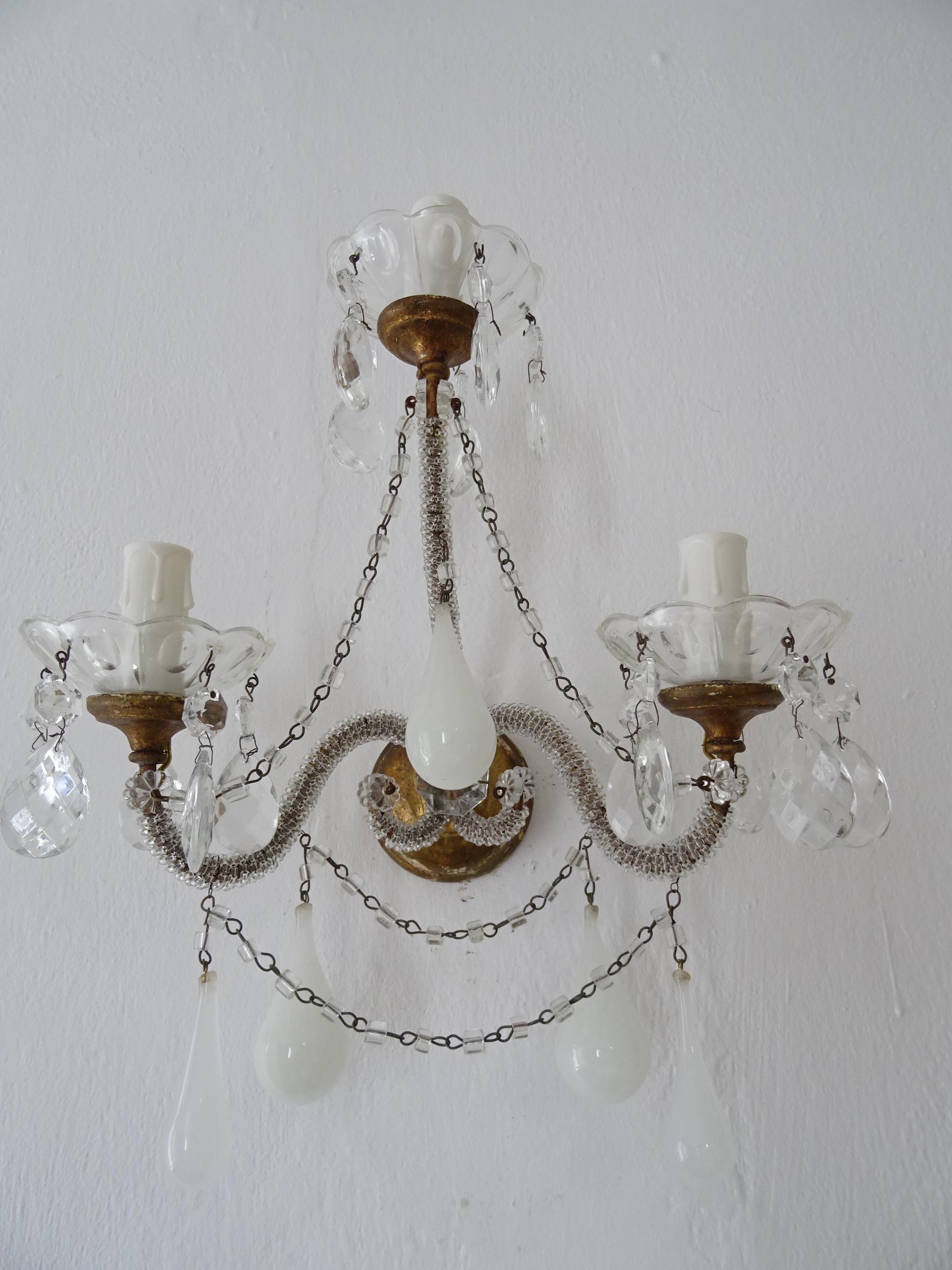 Baroque 1900 French White Opaline Murano Drops Micro Beaded Crystal Sconces 3 Lights For Sale