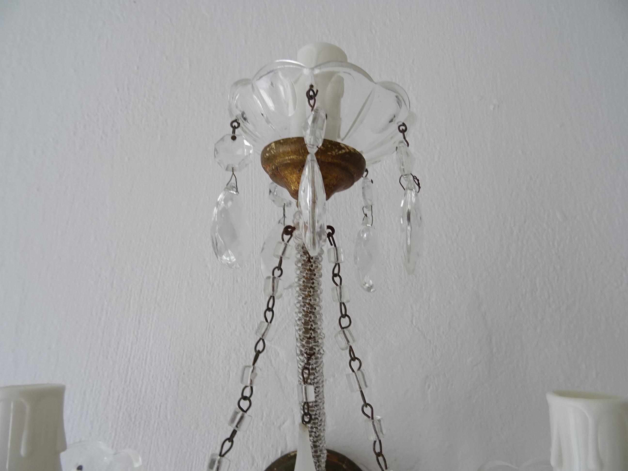 Early 20th Century 1900 French White Opaline Murano Drops Micro Beaded Crystal Sconces 3 Lights For Sale