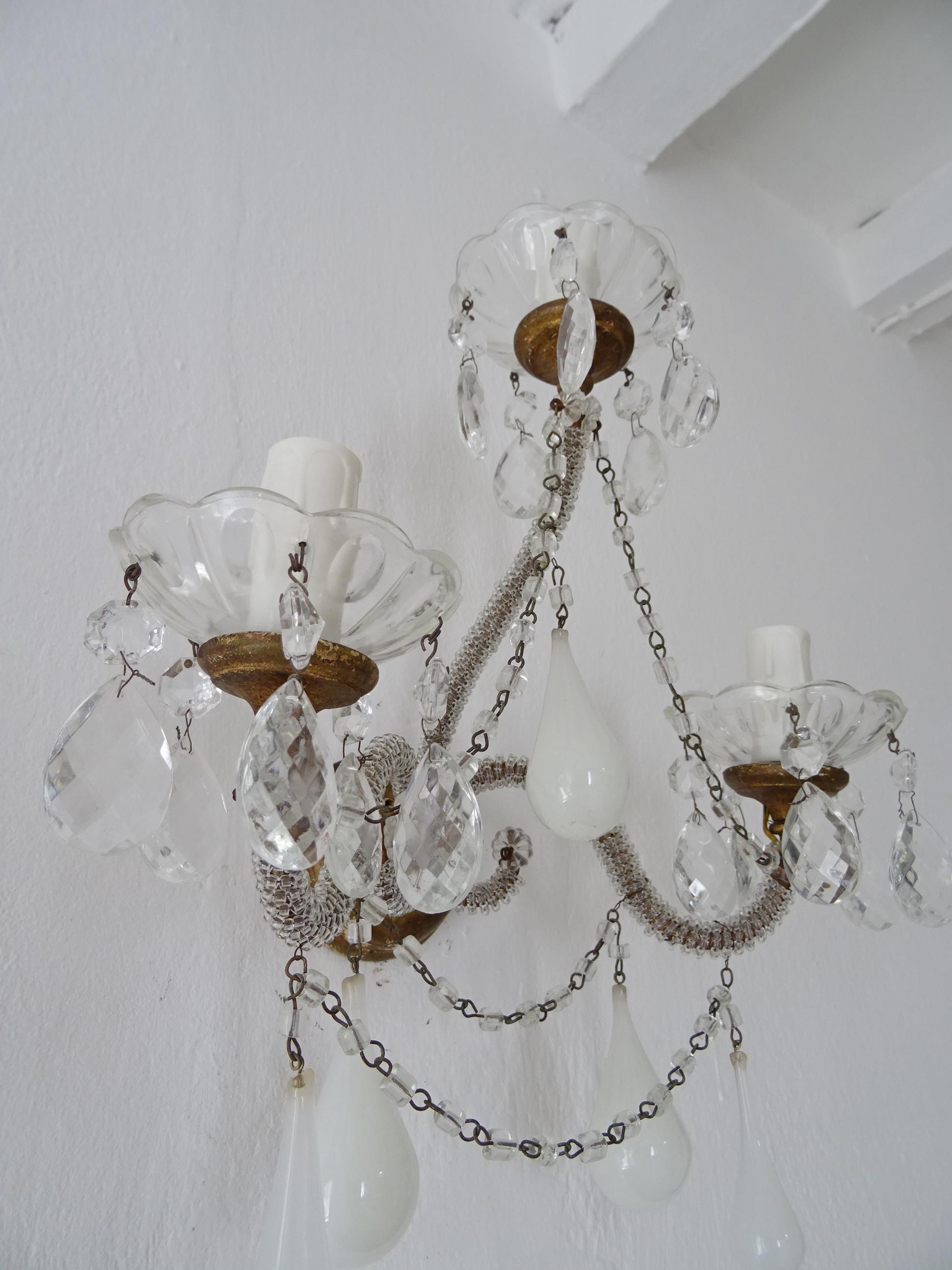 1900 French White Opaline Murano Drops Micro Beaded Crystal Sconces 3 Lights For Sale 3