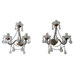 1900 Lámparas francesas de cristal de Murano blanco opalino con micro gotas 3 luces