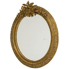 1900 Gold Oval Gilded Wood Mirror With Floral Motifs
