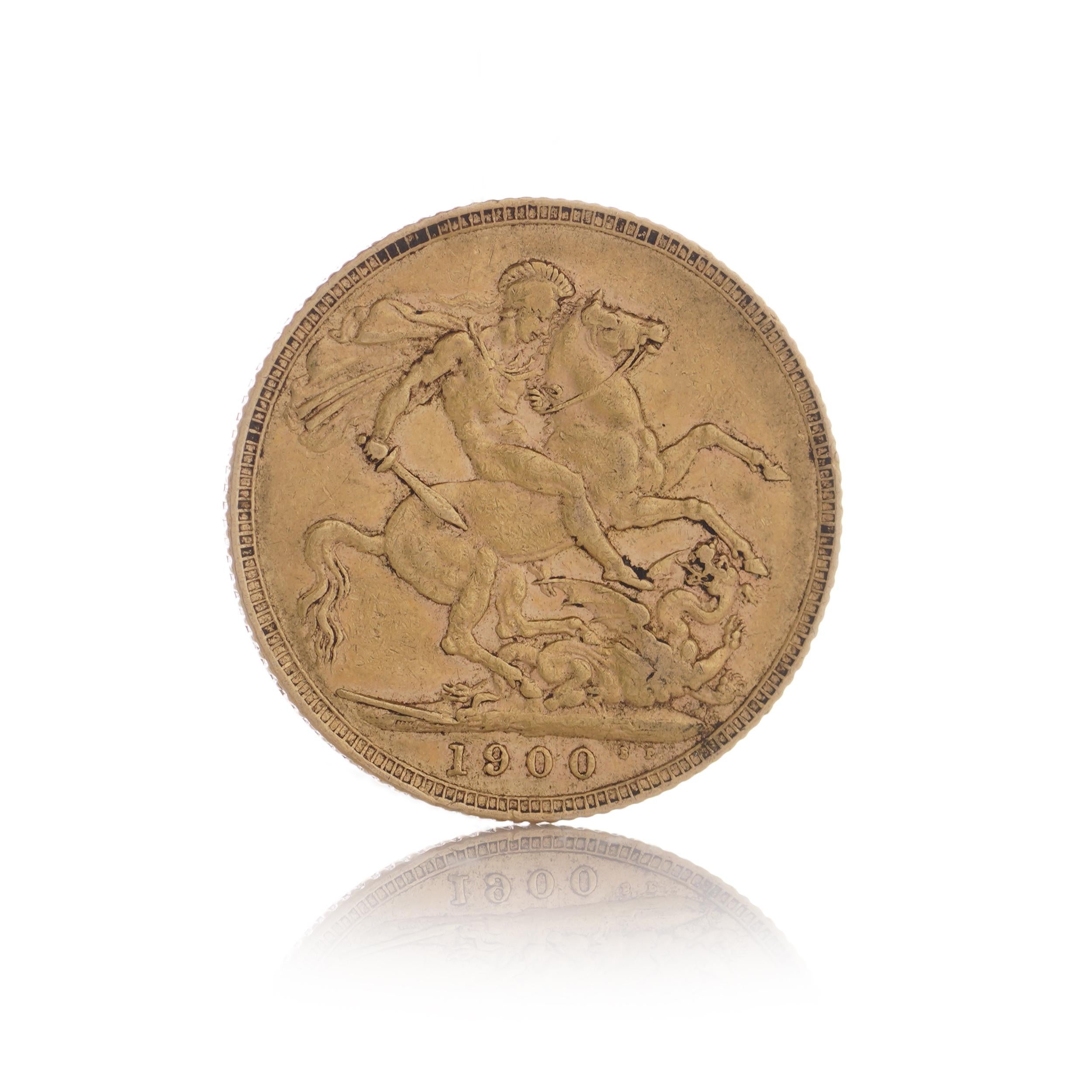 A 1900 gold Sovereign - with the Queen Victoria old (Veiled) head design. The lack of mintmark denotes the London Mint. Provided in a plastic capsule.

Manufacturer: Royal Mint
Weight (grams): 7.98
Pure gold content (grams): 7.3224
Fineness: