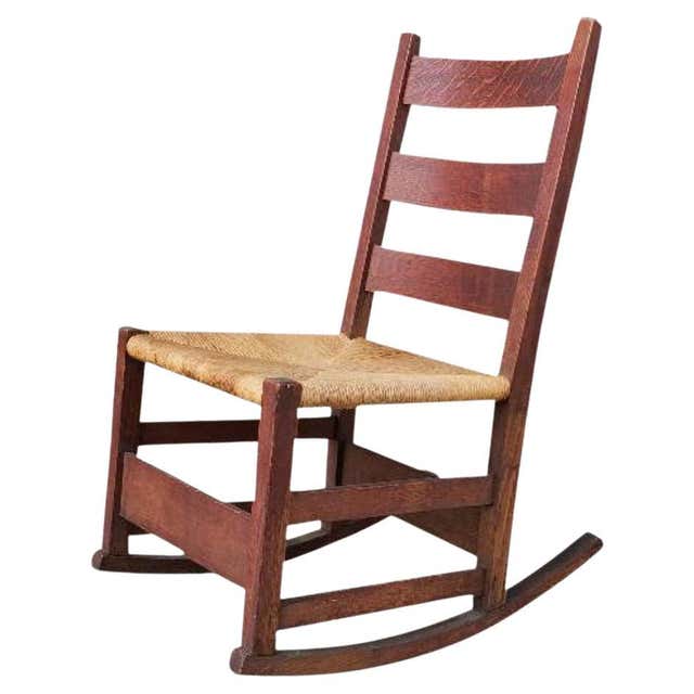 Antique Arts and Crafts Mission Oak Ladder Back Hip Rail Rocker Rocking ...